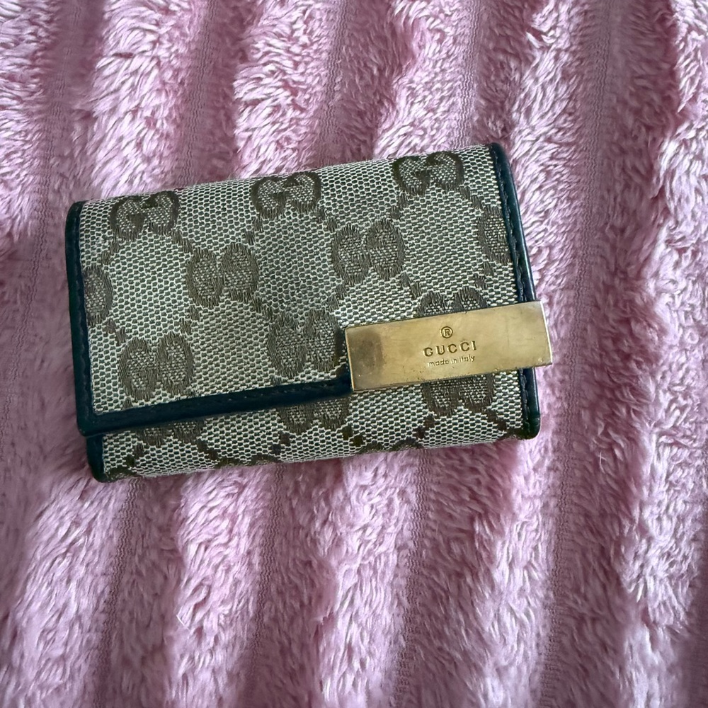 Gucci Brown and Black GG Canvas Card Holder with Gold Plaque